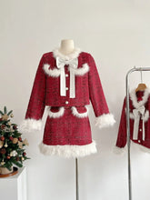 BXOXO Autumn Winter Warm 2 Piece Set Women Furry Bow Single Breasted Top+Design Bodycon Mini Skirts Christmas Style Chic Festival Suit